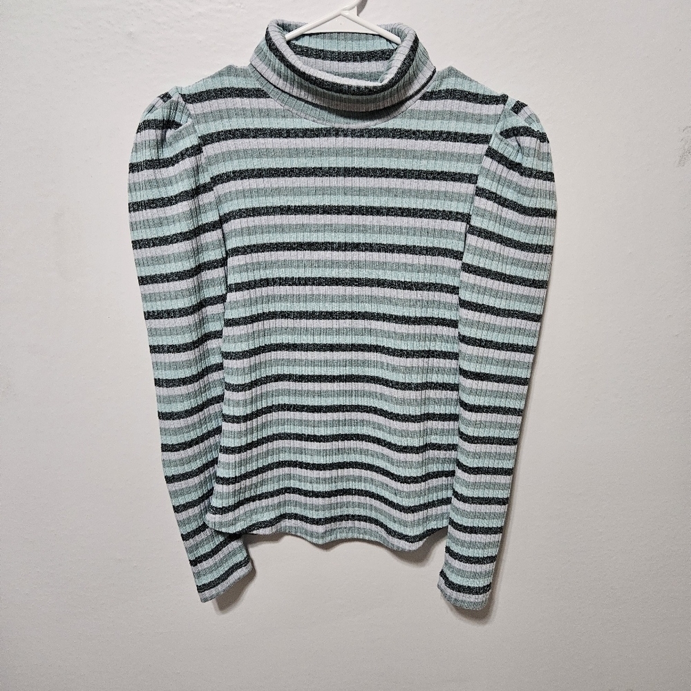 Maeve by Anthropologie size S long puff sleeve turtleneck blue striped shirt B19